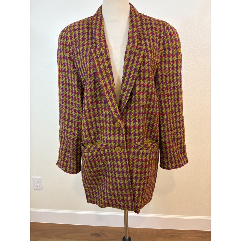 Vintage Oversized Blazer Plaid Houndstooth M Wool Preppy Tweed Heritage Academia - Picture 2 of 9